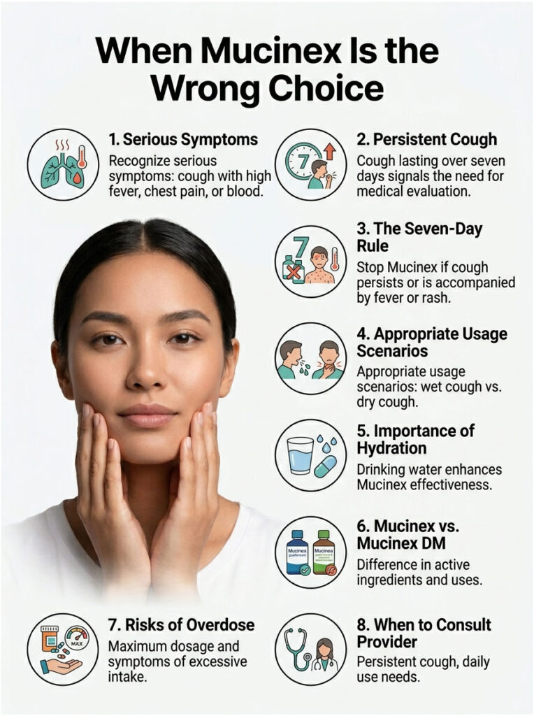 Infographic detailing when Mucinex is inappropriate, featuring a woman and eight key points with icons.