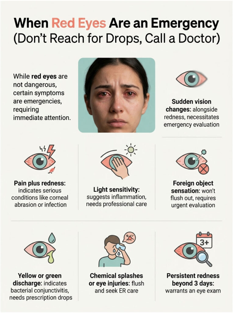 Infographic detailing emergency symptoms of red eyes, featuring a woman with red eyes and various icons.