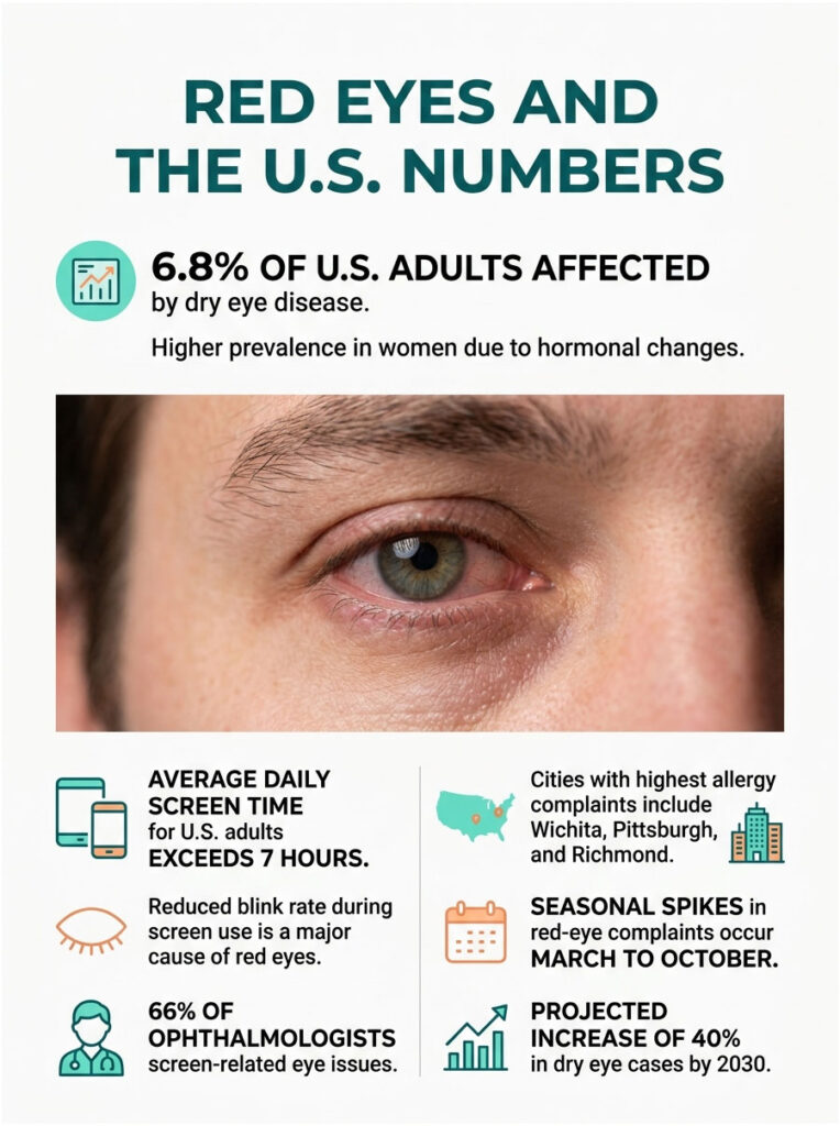 Infographic showing statistics on red eyes and dry eye disease in U.S. adults, including prevalence and screen time data.