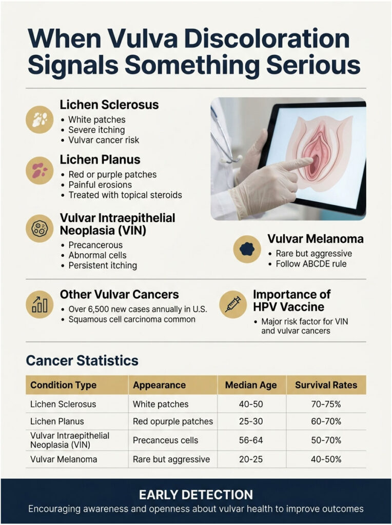 Infographic detailing vulvar discoloration causes, symptoms, and cancer statistics, including Lichen Sclerosus and Melanoma.