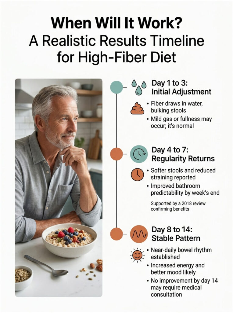 A man contemplates while viewing a timeline infographic on high-fiber diet results, detailing adjustments and benefits.