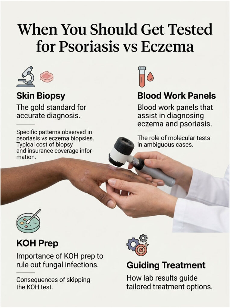 Infographic explaining testing methods for psoriasis and eczema with illustrations and key points on diagnosis.