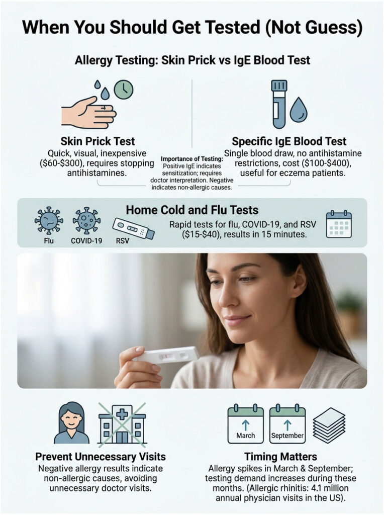 Infographic comparing allergy tests, showing skin prick and IgE blood tests with costs and details.