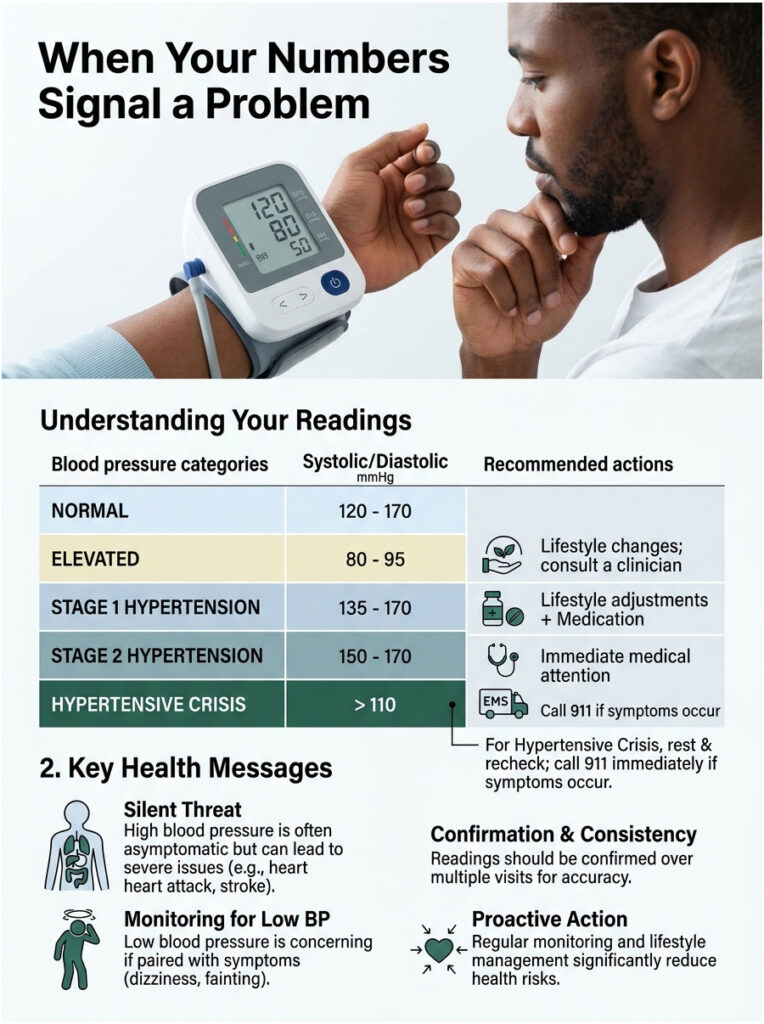 Infographic showing blood pressure categories, readings, and recommended actions for health management.