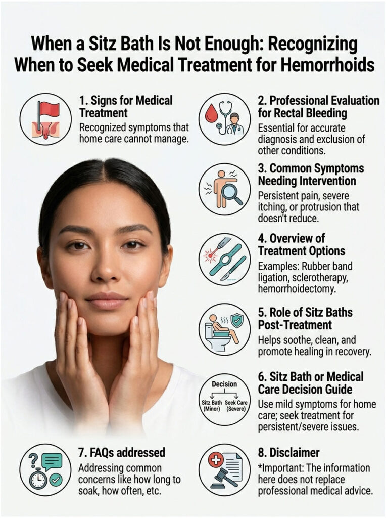 Infographic detailing when to seek medical treatment for hemorrhoids with icons and text explanations.