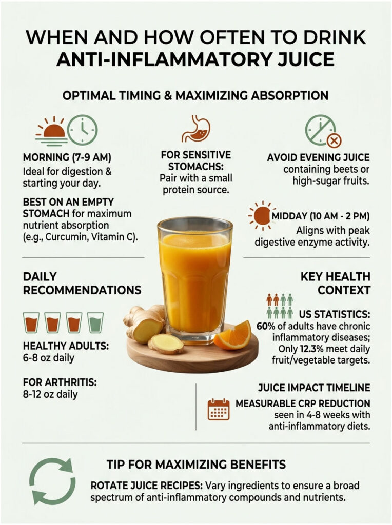 Infographic showing when to drink anti-inflammatory juice, including timing, recommendations, and health statistics.