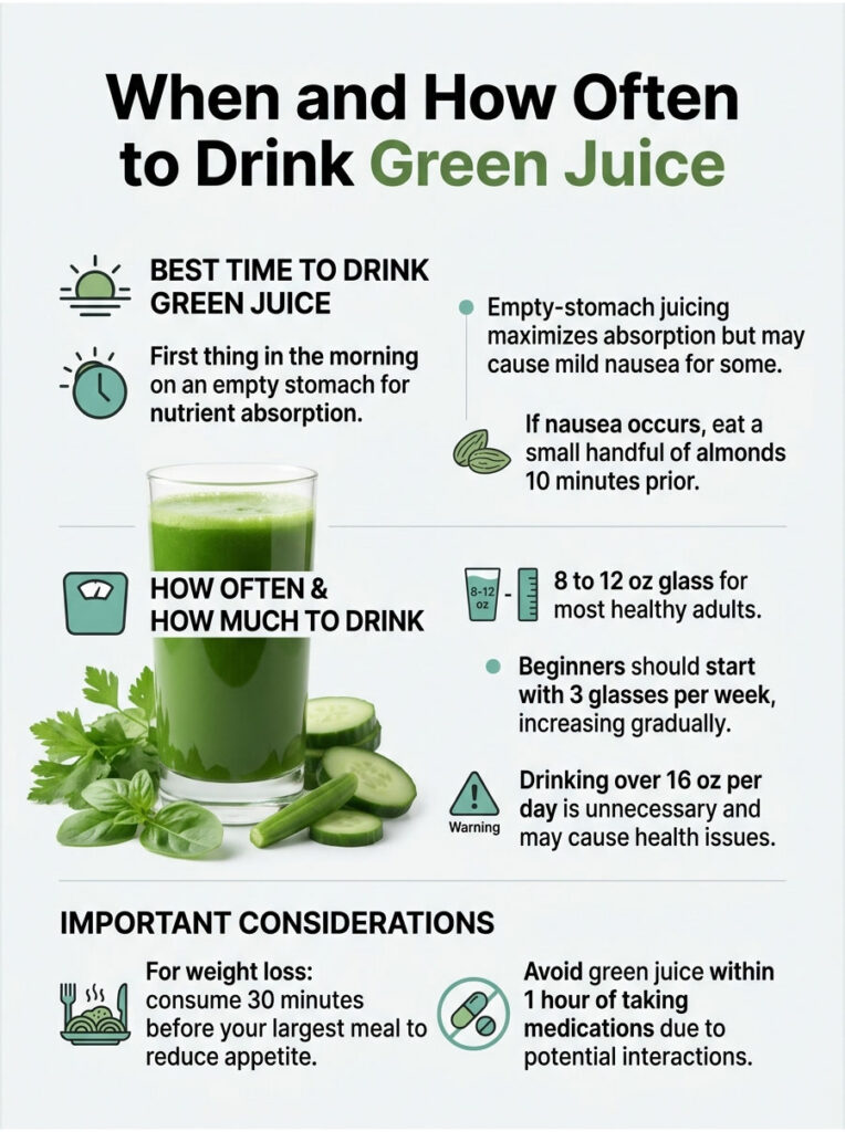 Infographic detailing when and how often to drink green juice, including tips and recommendations.