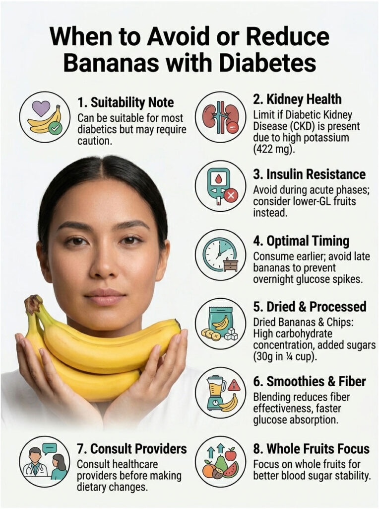 Infographic detailing when to avoid or reduce bananas for diabetics, with icons and key points on health considerations.