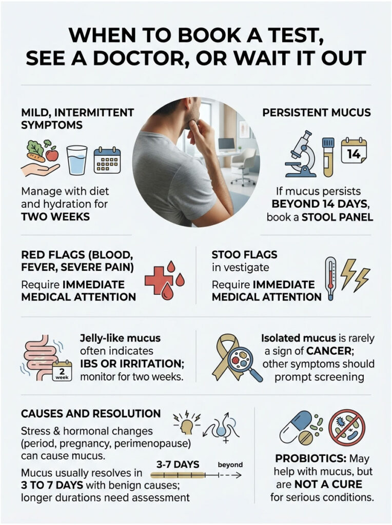 Infographic detailing when to seek medical attention for mucus symptoms, including charts and icons.