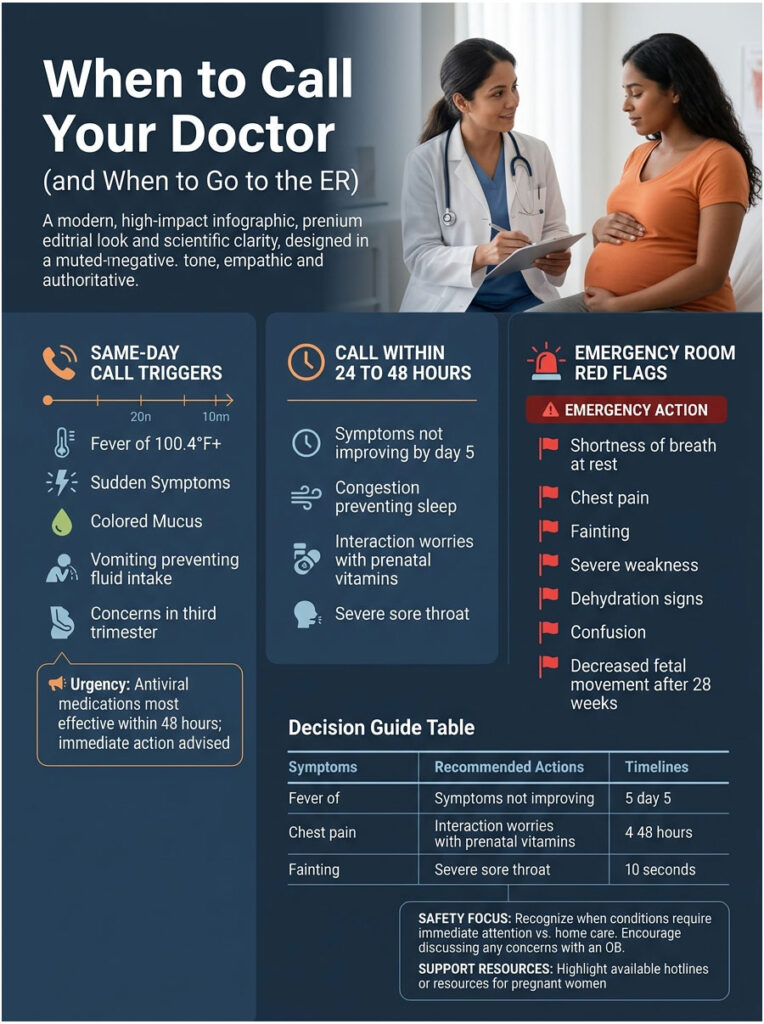 Infographic detailing when to call a doctor, including symptoms and urgency levels for pregnant women.