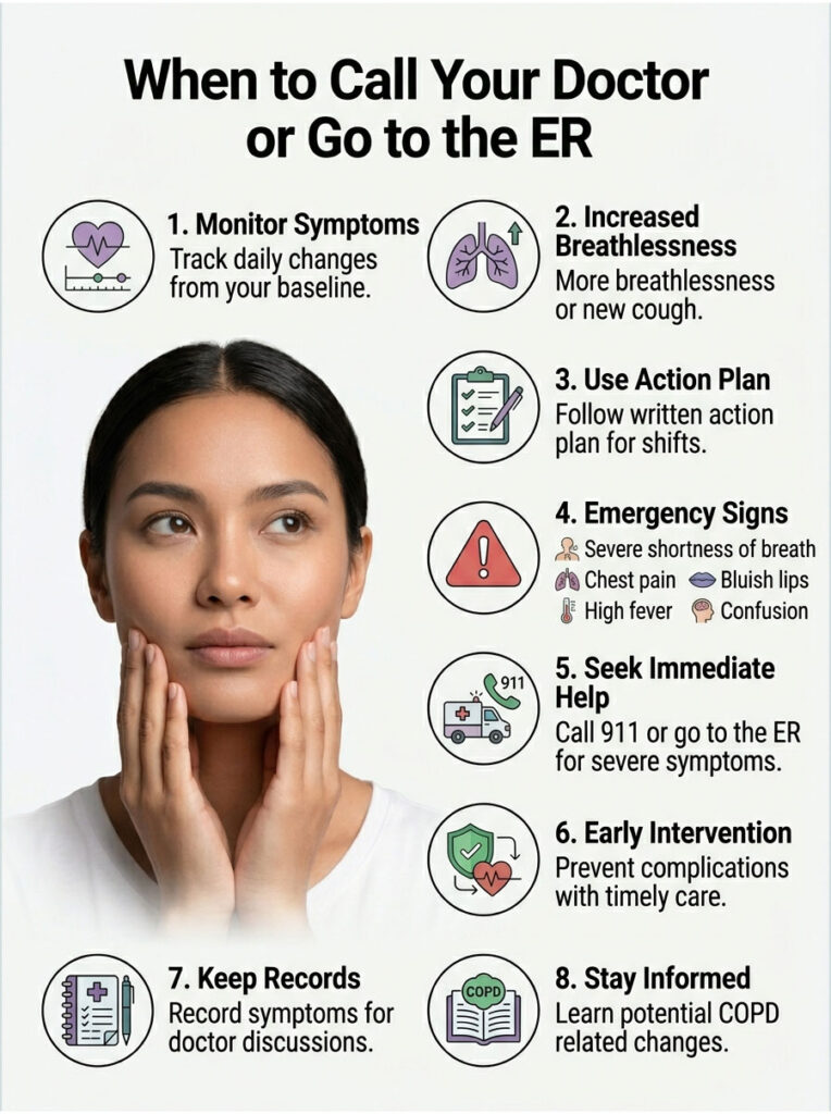 Woman with a thoughtful expression, lists steps for calling a doctor or going to the ER, including symptoms and actions. Infographic.