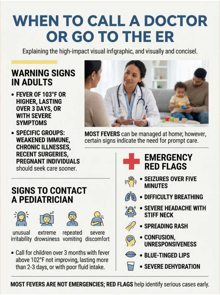 Infographic detailing when to call a doctor or go to the ER, with warning signs and emergency red flags.