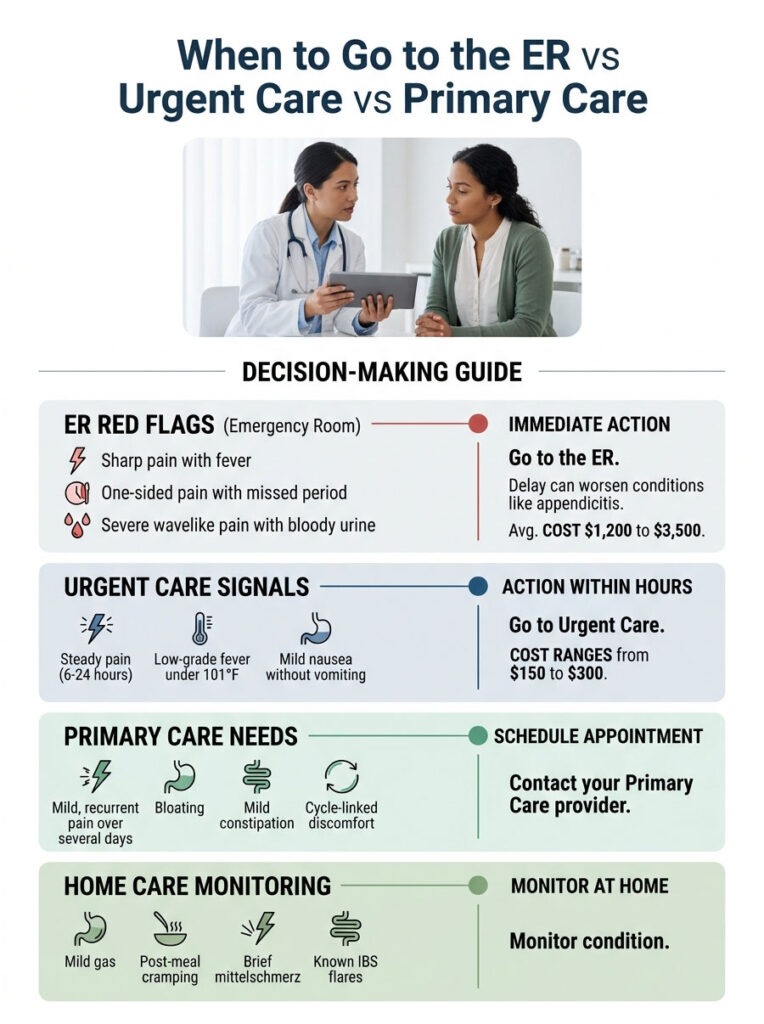 Infographic detailing when to visit ER, urgent care, or primary care with specific symptoms and costs.