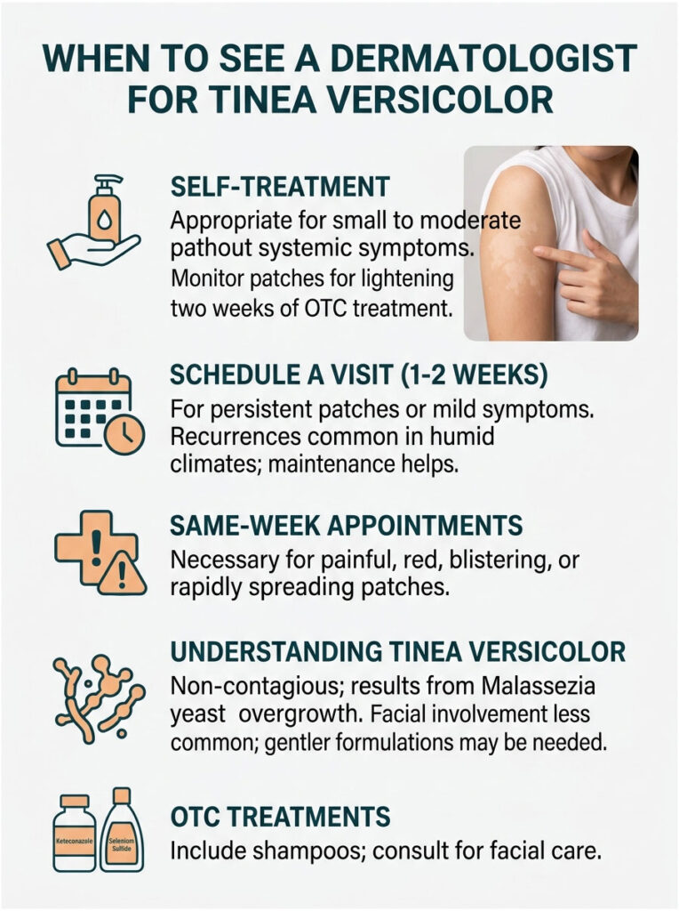 Infographic detailing when to see a dermatologist for tinea versicolor, including self-treatment and appointment guidelines.