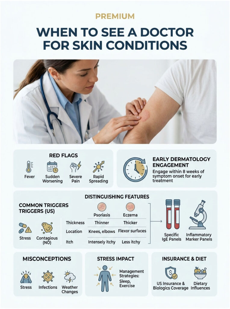 Doctor examines patient's arm for skin conditions, highlighting red flags and treatment options in an infographic.
