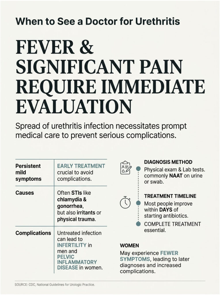 Infographic detailing when to see a doctor for urethritis, highlighting symptoms, causes, and treatment timelines.