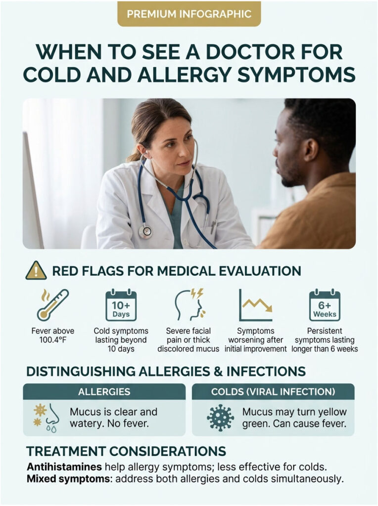 Doctor consults with a patient about cold and allergy symptoms, highlighting evaluation red flags and treatment options. Infographic