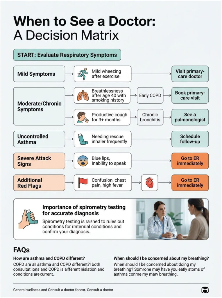 Decision matrix for respiratory symptoms evaluation with icons and action steps for seeing a doctor. Infographic.