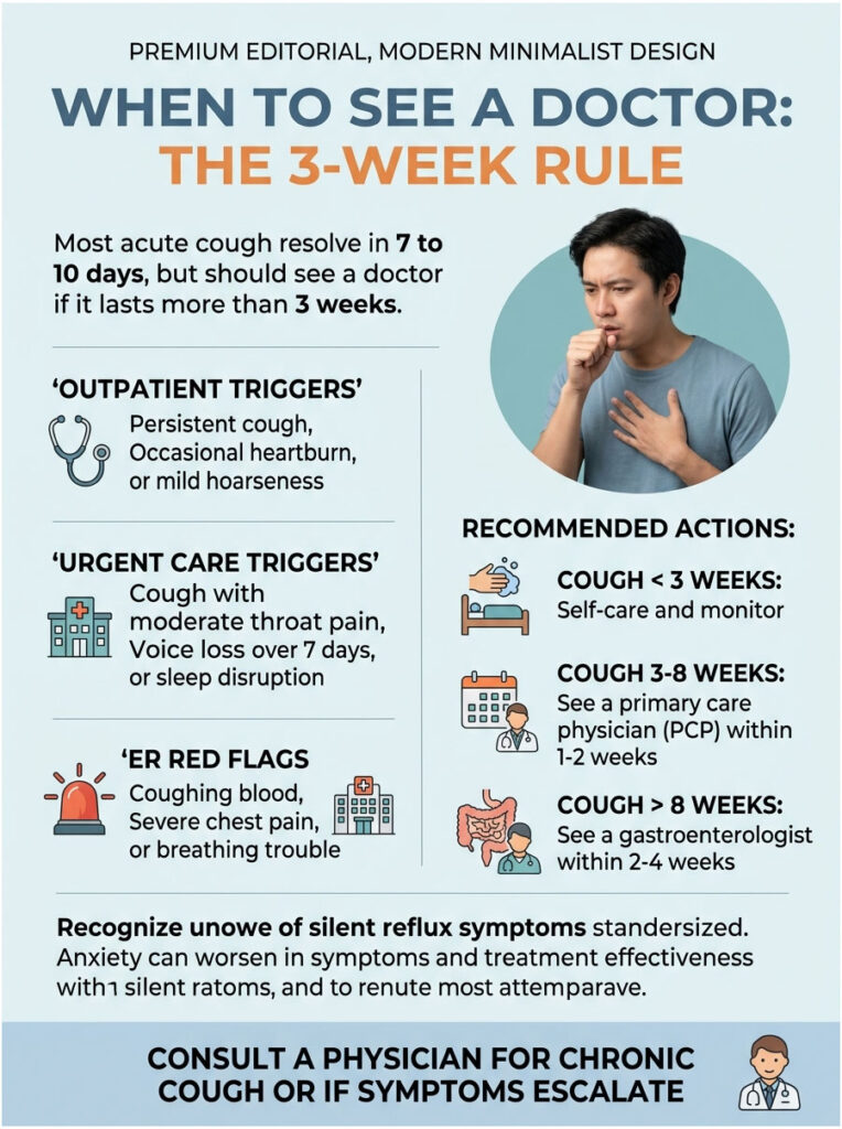 Infographic detailing when to see a doctor for a cough, featuring triggers and recommended actions.