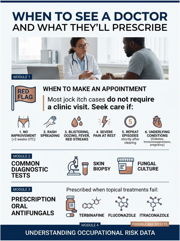 Infographic detailing when to see a doctor for jock itch, including symptoms and diagnostic tests.