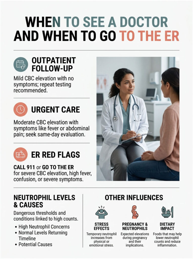 Infographic detailing when to see a doctor versus going to the ER, with sections on outpatient follow-up, urgent care, and red flags.