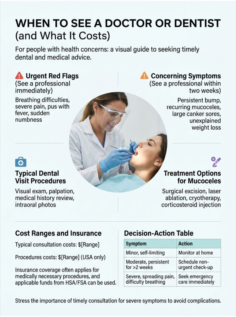 Infographic detailing when to see a doctor or dentist, including symptoms and treatment options for mucoceles.