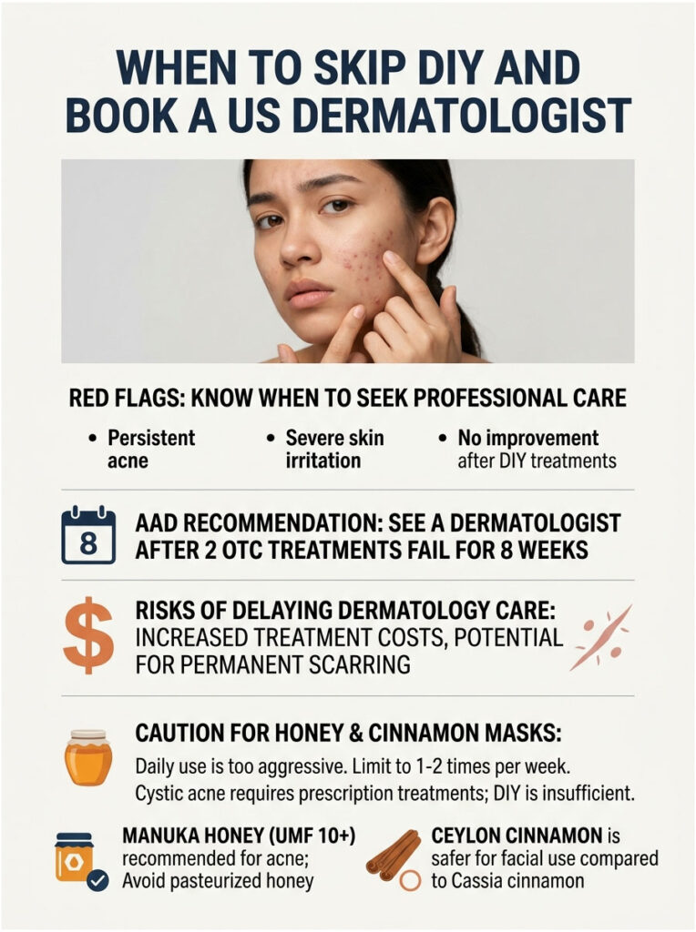 Infographic showing when to seek dermatology care, highlighting red flags and recommendations with icons and text.