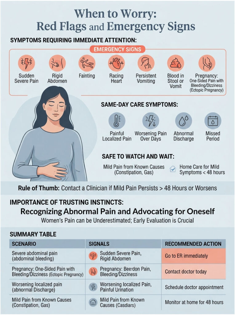Infographic detailing emergency signs and symptoms for women's health concerns, including charts and icons.