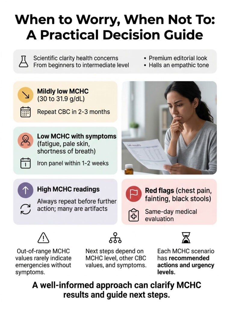 Infographic detailing MCHC levels and actions, with a woman reviewing lab results and various health indicators.
