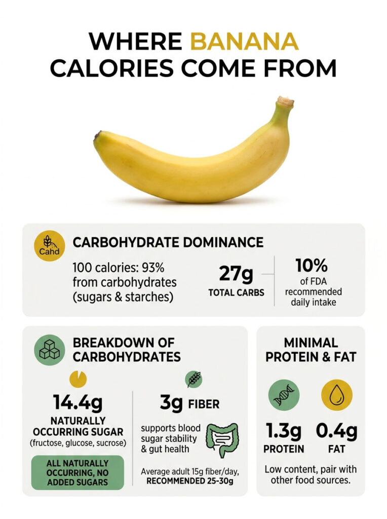 Infographic showing banana calorie composition with carbohydrate dominance, sugar, fiber, protein, and fat details.