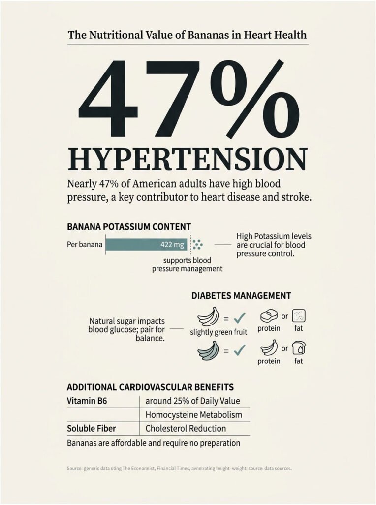 Infographic showing the nutritional value of bananas for heart health, highlighting hypertension and potassium content.