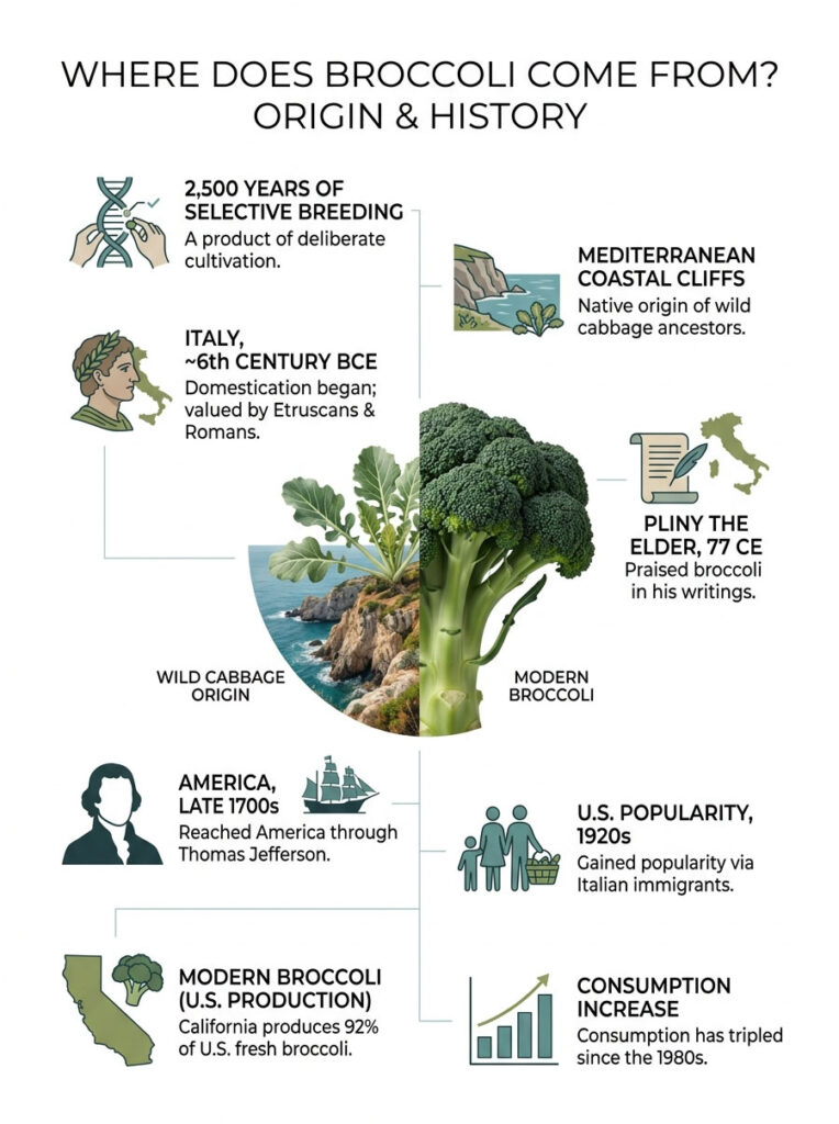 Infographic detailing broccoli's origin, history, and production with illustrations and key dates.