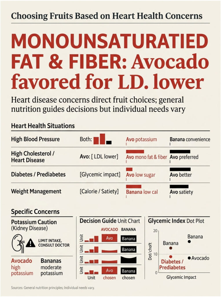 Infographic comparing avocado and banana for heart health, showing data on fat, fiber, and glycemic index.