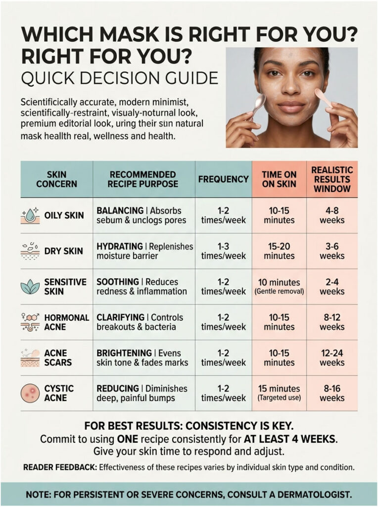 Infographic detailing mask recommendations for various skin concerns, including frequency and results timeline.