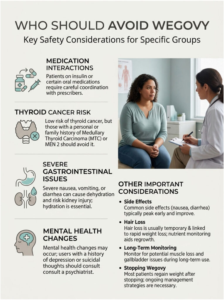 Infographic detailing who should avoid Wegovy, including medication interactions and health risks.