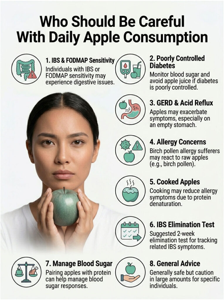 Woman holds a green apple, listing 8 reasons to be cautious with daily apple consumption in an infographic.