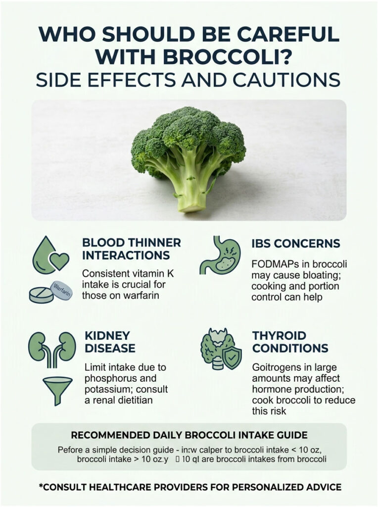 Infographic on broccoli cautions, showing side effects, recommendations, and icons for health conditions.