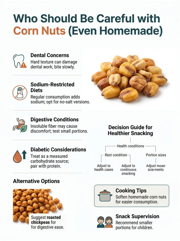 Infographic detailing health considerations for consuming corn nuts, with icons and guidelines for snacking safely.