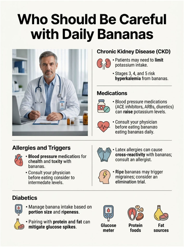 Infographic detailing who should limit banana intake, including chronic kidney disease and medication interactions.