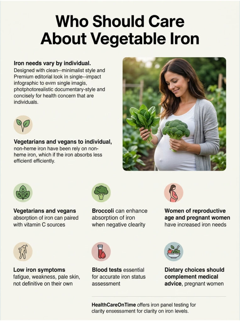 Infographic showing the importance of vegetable iron for different groups, featuring a pregnant woman with vegetables.
