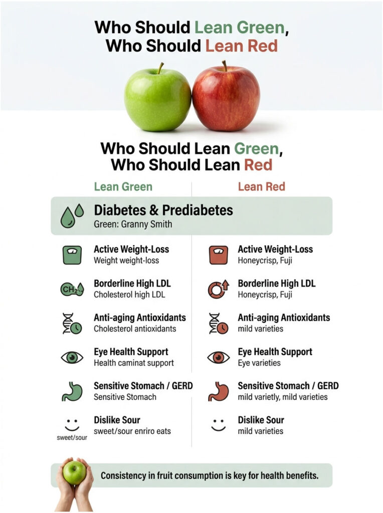 Infographic comparing green and red apples for health benefits, listing conditions and recommended varieties.