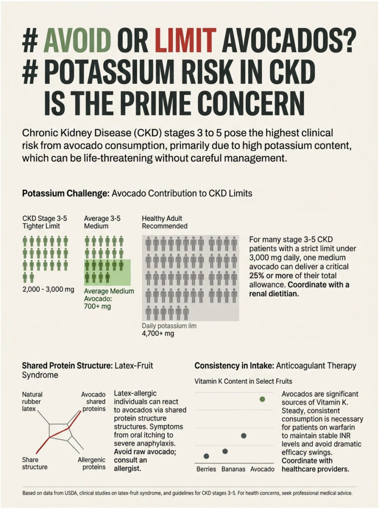 Infographic detailing potassium risks of avocado consumption for chronic kidney disease patients, with charts and data.