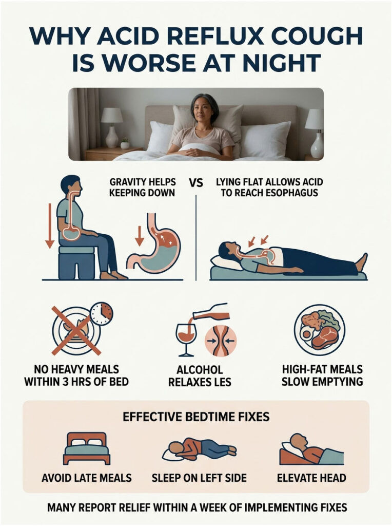 Infographic explaining why acid reflux cough worsens at night with tips for relief and illustrations of causes.