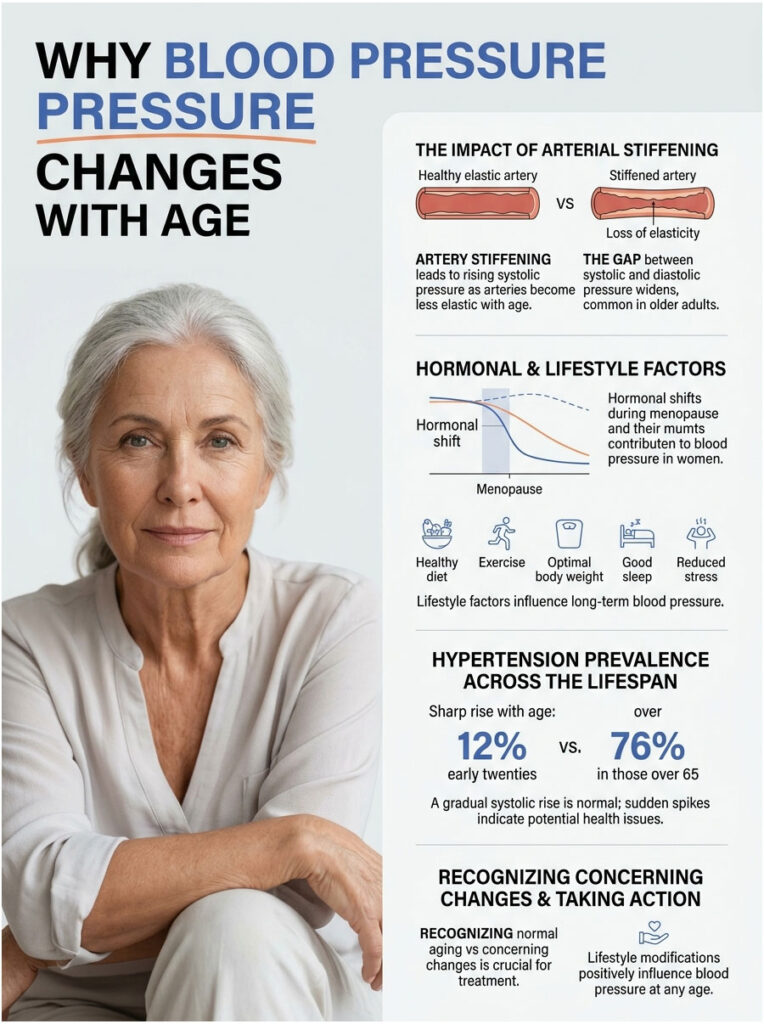 Infographic explaining blood pressure changes with age, featuring charts, statistics, and lifestyle factors.