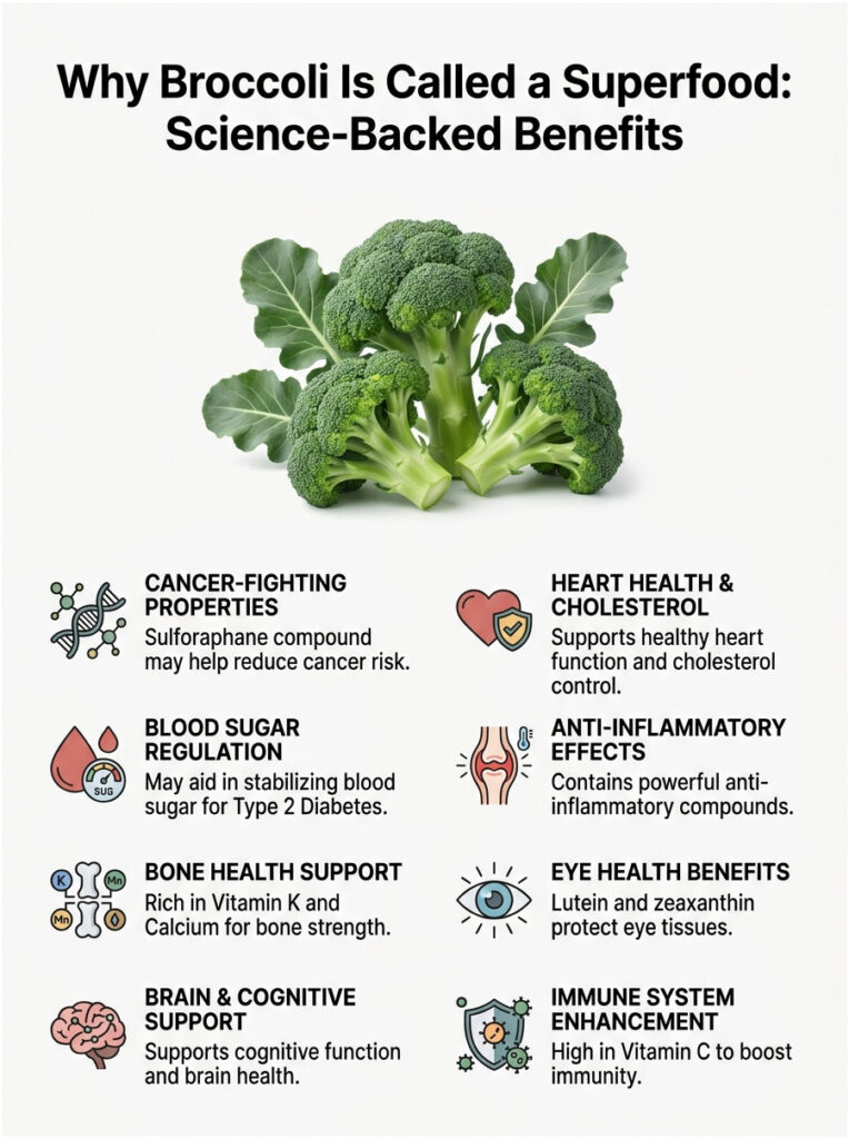 Broccoli with text highlighting its superfood benefits: cancer-fighting, heart health, and immune support. Infographic.