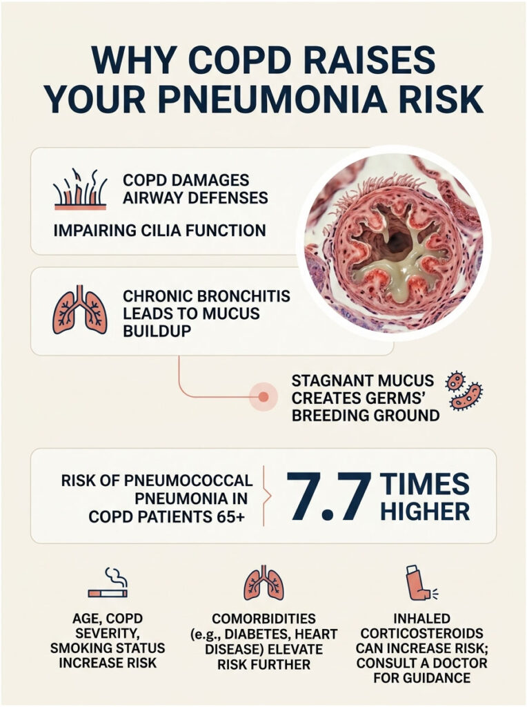 Infographic explaining COPD's impact on pneumonia risk with statistics and illustrations of lungs and germs.