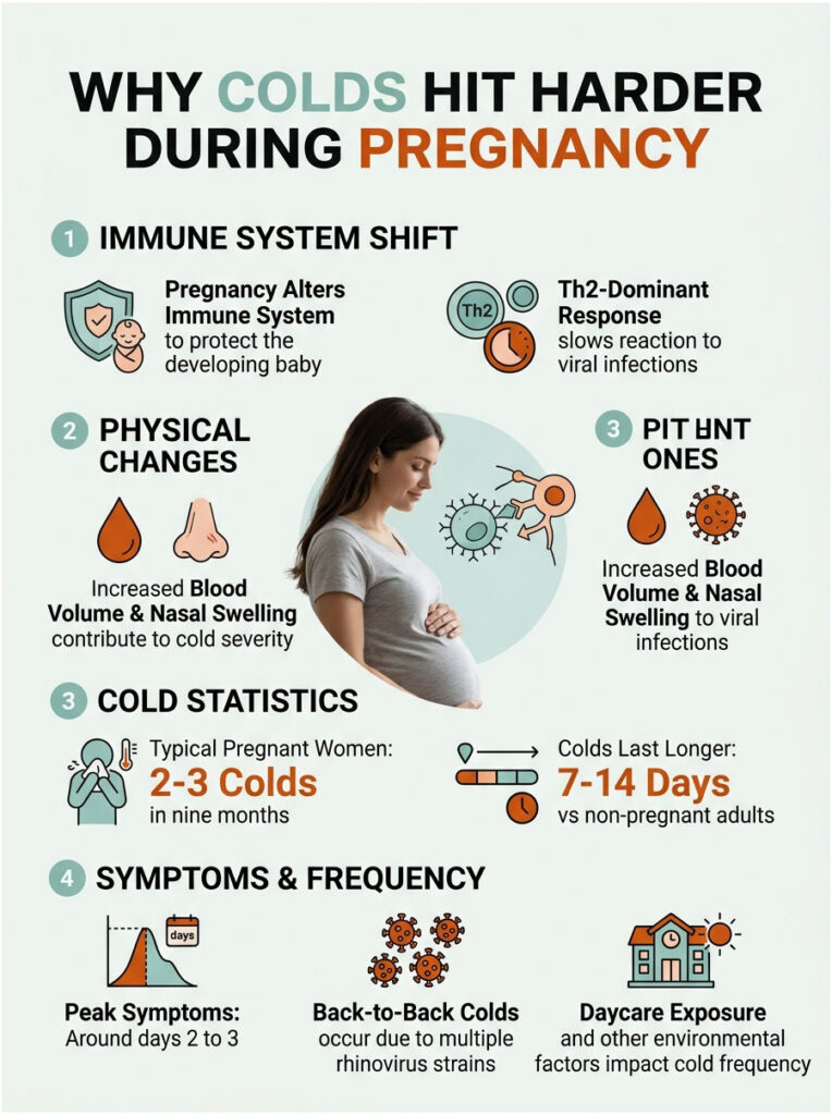 Infographic explaining why colds affect pregnant women more, detailing immune system shifts and cold statistics.