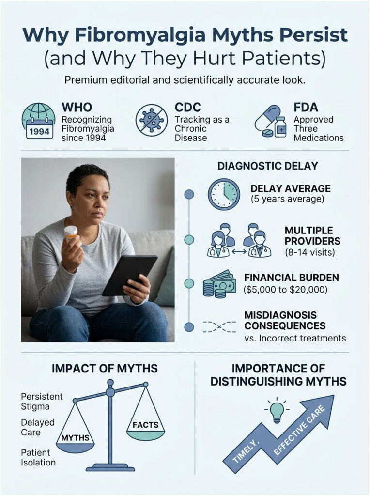 Infographic explaining fibromyalgia myths, featuring statistics on diagnostic delays and impact of myths on patients.