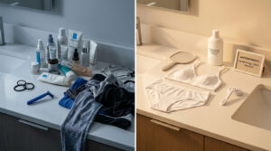 A bathroom countertop displays skincare products, clothing, and a reminder for a gynecology appointment.