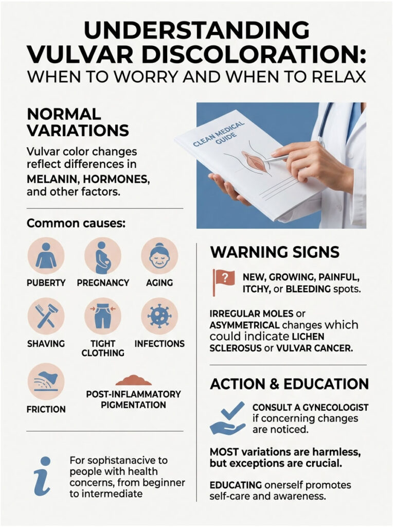 Infographic explaining vulvar discoloration, causes, warning signs, and action steps for health awareness.